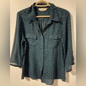 Elegant Teal and Black Patterned Blouse